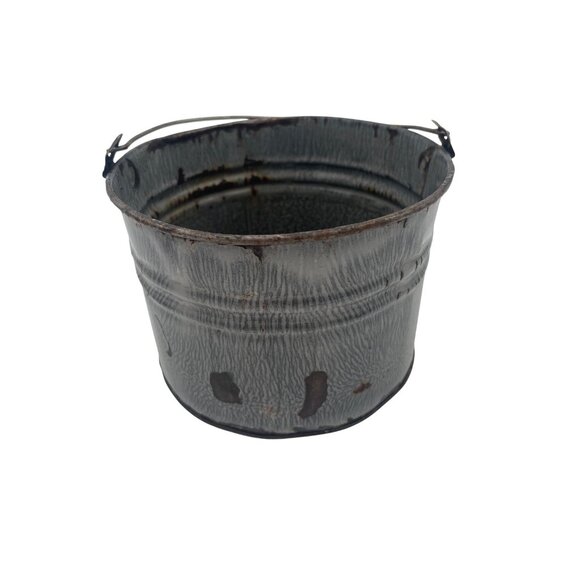 Vintage Rustic Metal Berry Bucket Planter Decor With Handle & Patina Gray Enamel - Picture 1 of 7
